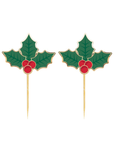 Pics à cocktail houx de Noël pour fête vert et rouge en bois