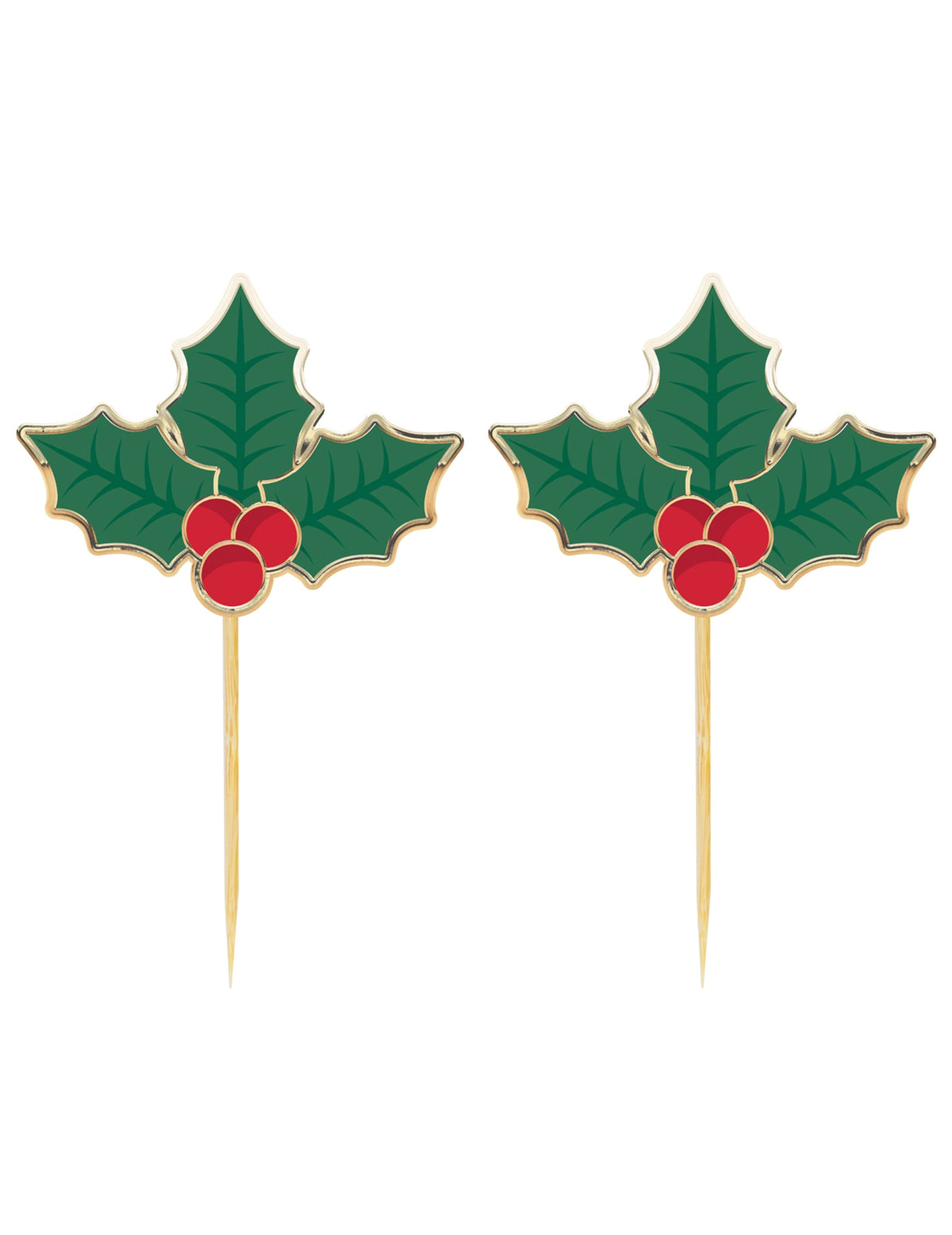 Pics à cocktail houx de Noël pour fête vert et rouge en bois