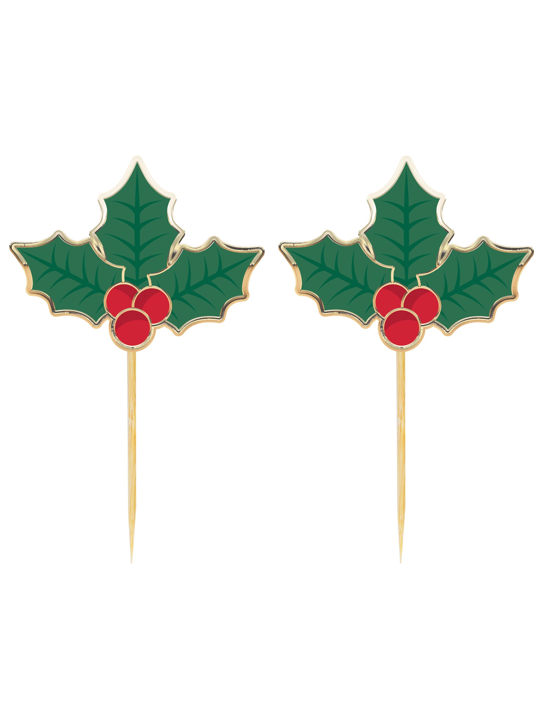 Pics à cocktail houx de Noël pour fête vert et rouge en bois