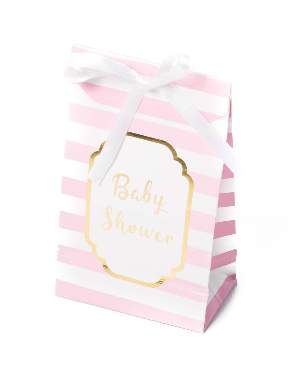 Dárkové sáčky na baby shower růžová a zlatá s pruhy s bílá stuhou
