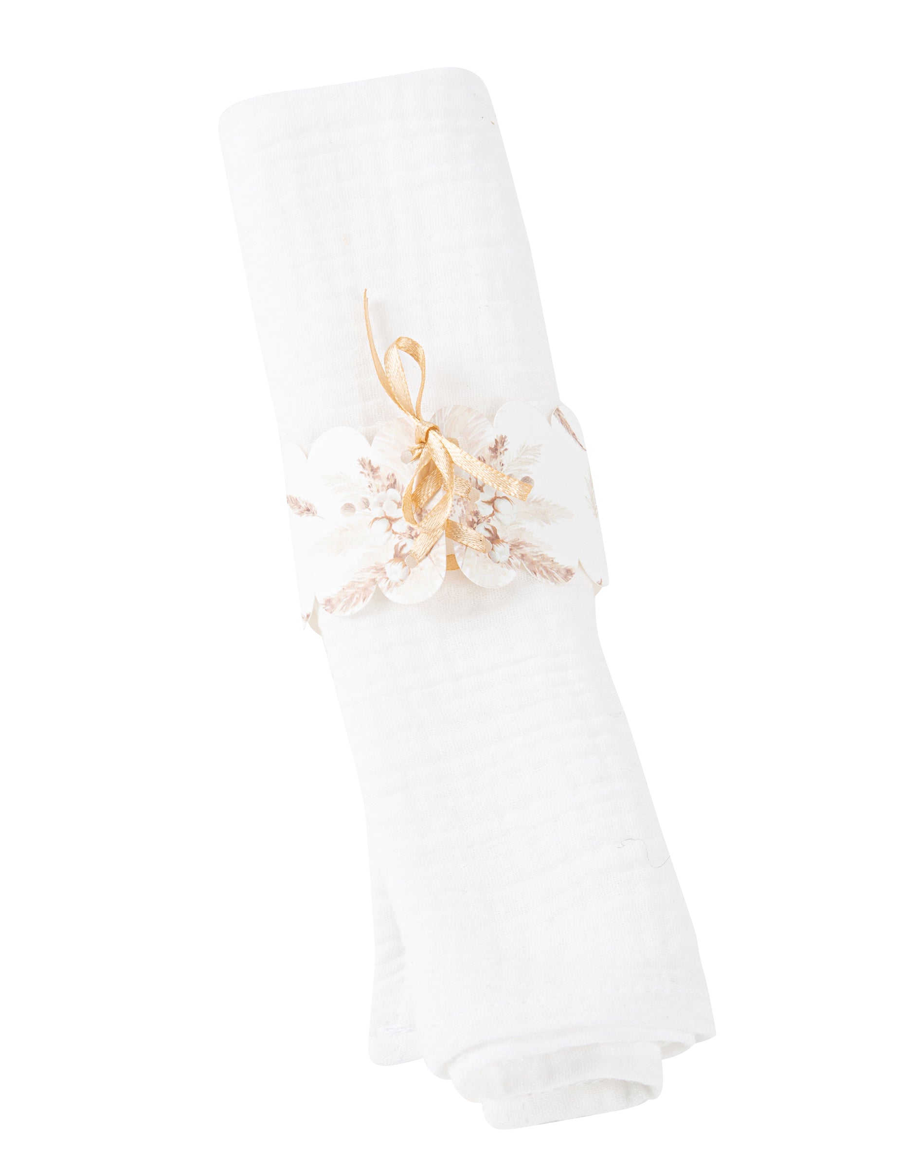 Ronds de serviette pampas et fleurs de coton en papier blanc et doré