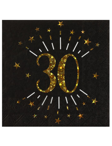 10 papírových ubrousků k narozeninám 30 černých a zlatých s hvězdami