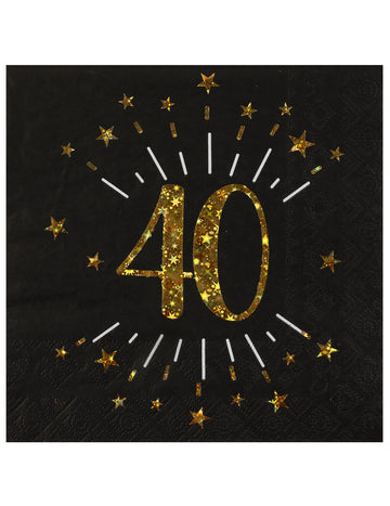 10 papírových ubrousků k narozeninám 40 černých a zlatých se zlatými hvězdami