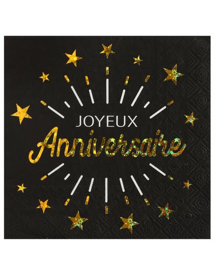 Serviettes en papier Joyeux Anniversaire pour fête noir et or avec étoiles