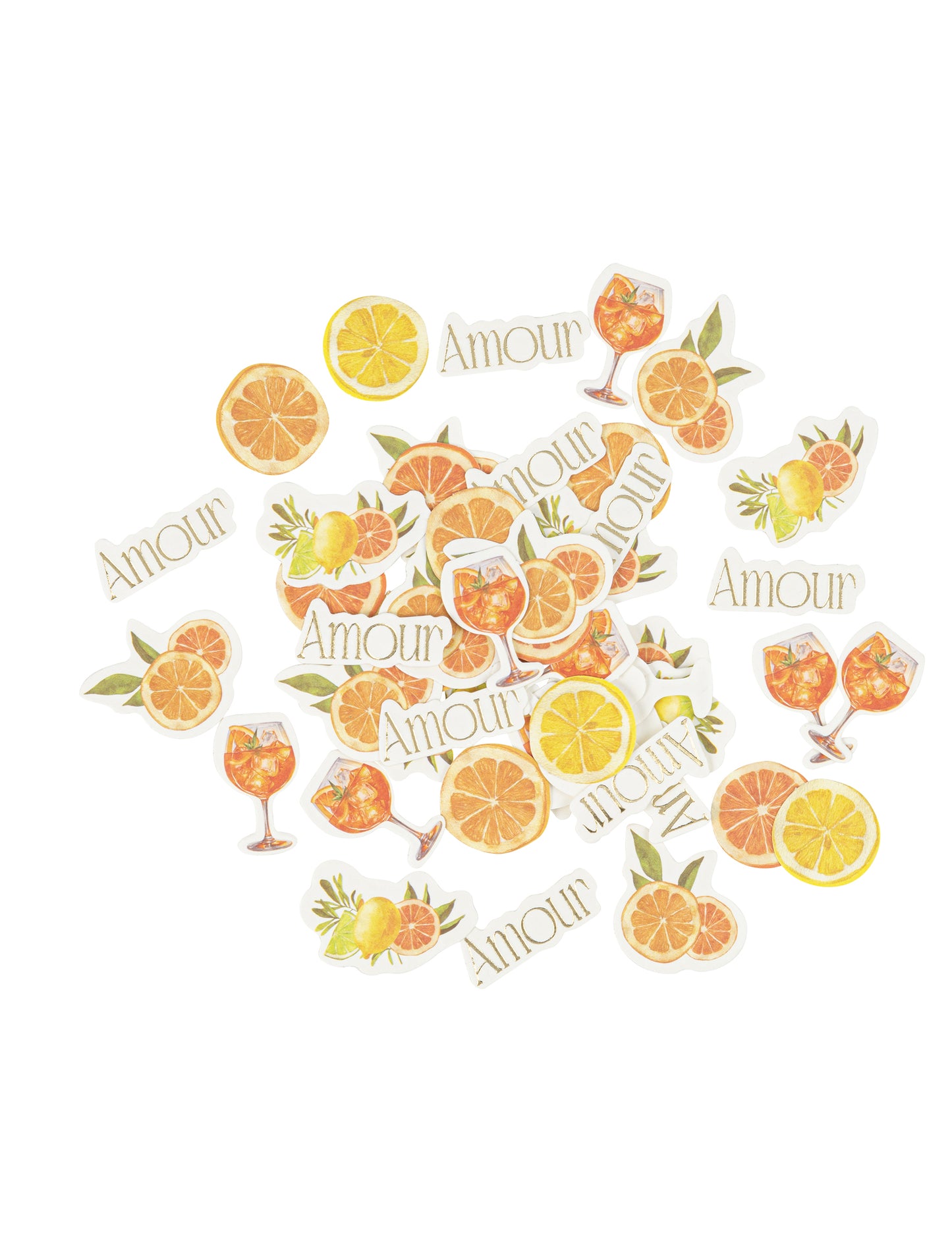 100 krémových, oranžových, žlutých a zlatých citrusových papírových fizzových konfet různých vzorů