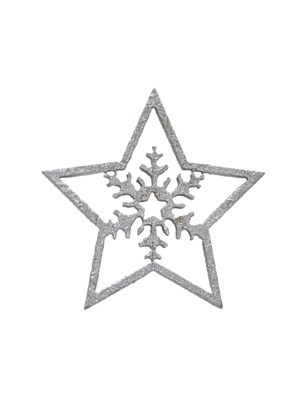 Gros plan sur le motif flocon de neige des décorations étoiles pour table argentées en bois à paillettes