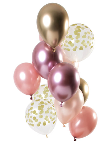 Ballons en latex rose gold et or pour fête avec confettis