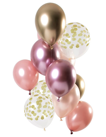 Ballons en latex rose gold et or pour fête avec confettis