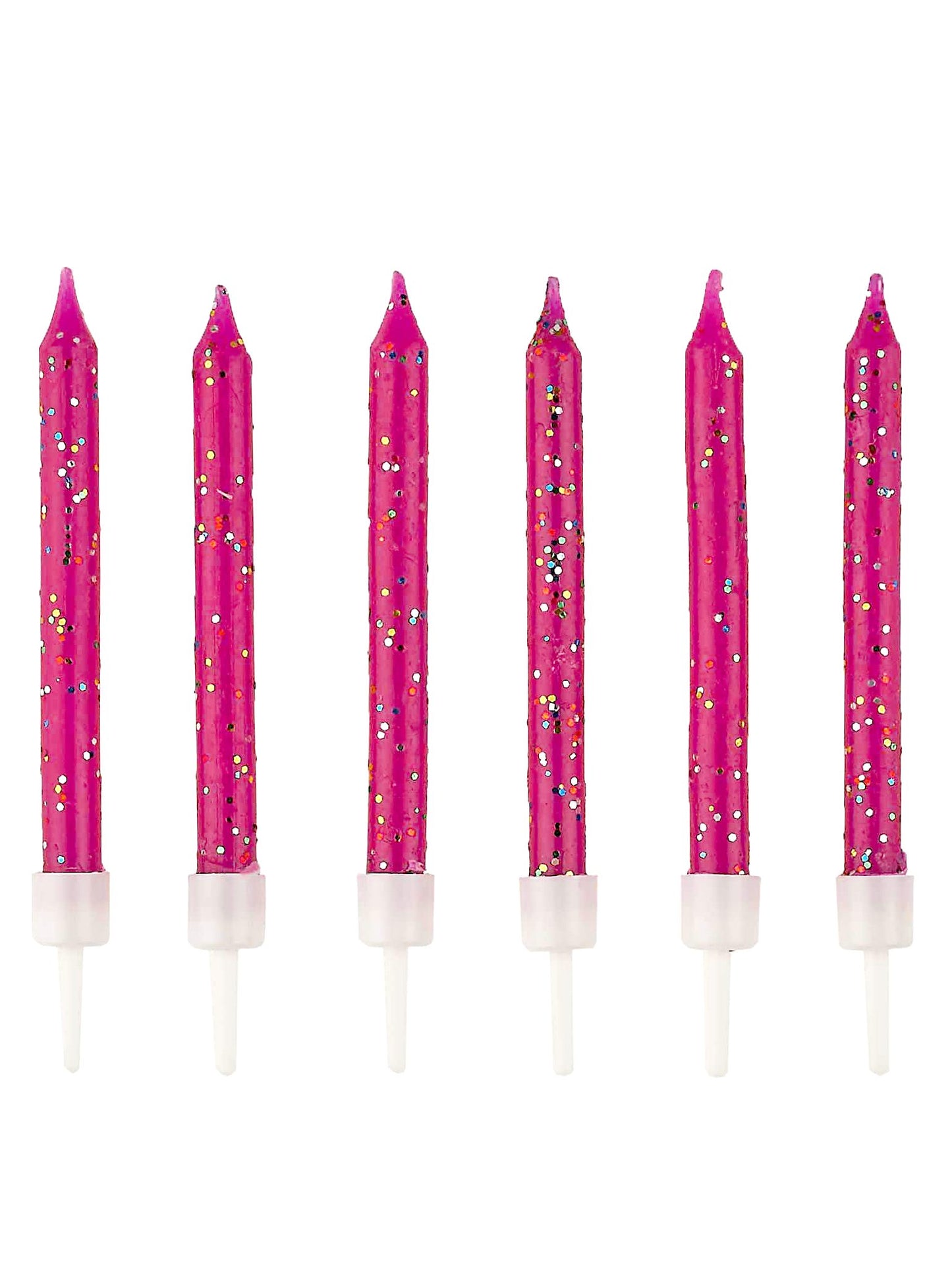 12 narozeninových svíček fuchsiově růžových s třpytkami 6 cm se stojánky 