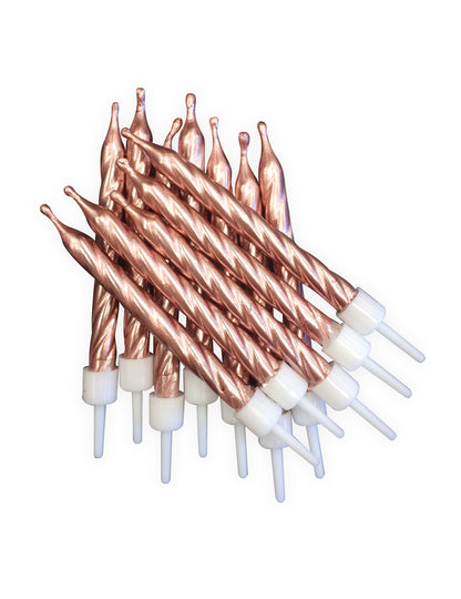 12 bougies d'anniversaire rose gold métallique 7,5 cm avec supports