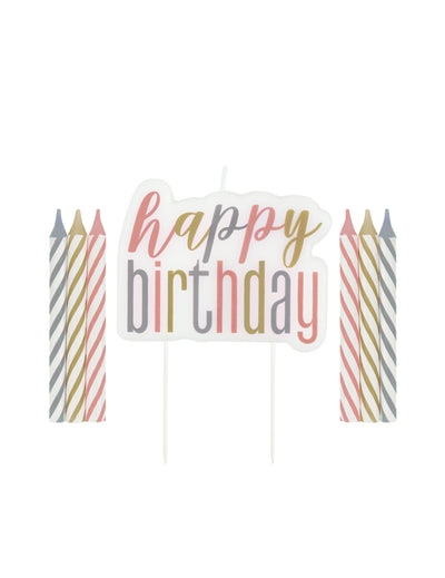 Bougies anniversaire happy birthday pastel rayées et dorées