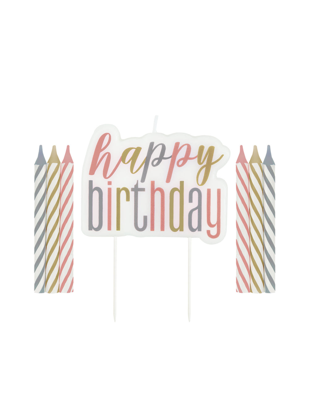 Bougies anniversaire happy birthday pastel rayées et dorées