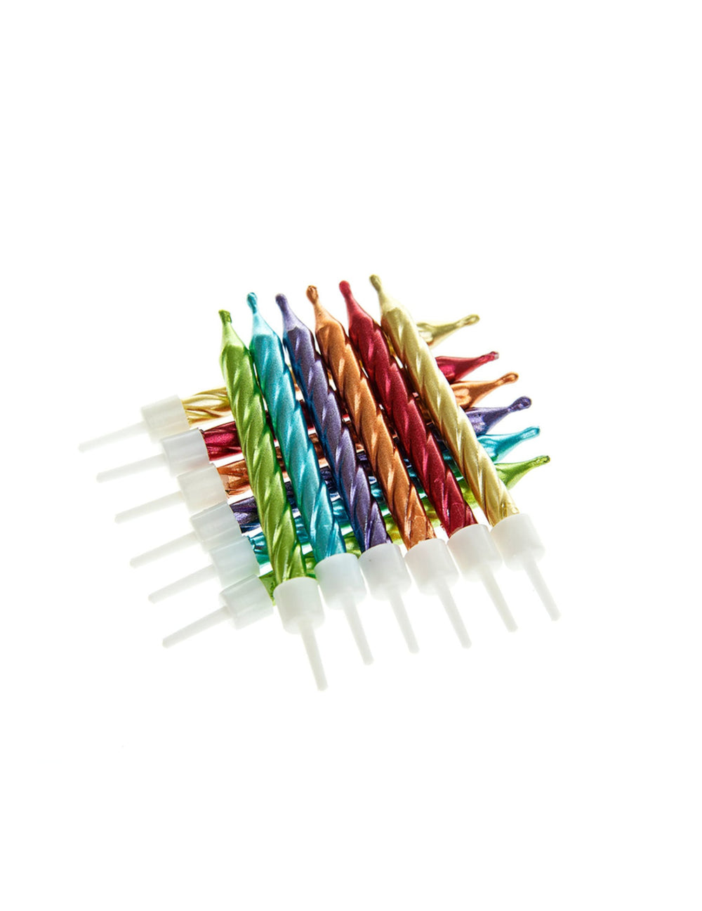 Détail de l'effet torsadé des bougies d'anniversaire pour gâteau métallisées multicolores