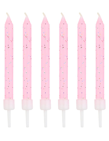 12 růžových třpytivých svíček 7,5 cm s kalíšky 