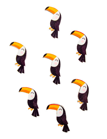 12 roztomilých dřevěných samolepicích konfet s tukanem 3 x 2 cm