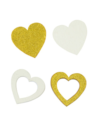 12 dřevěných konfet bílé a zlaté srdce 2 x 2 cm prolamované a plné
