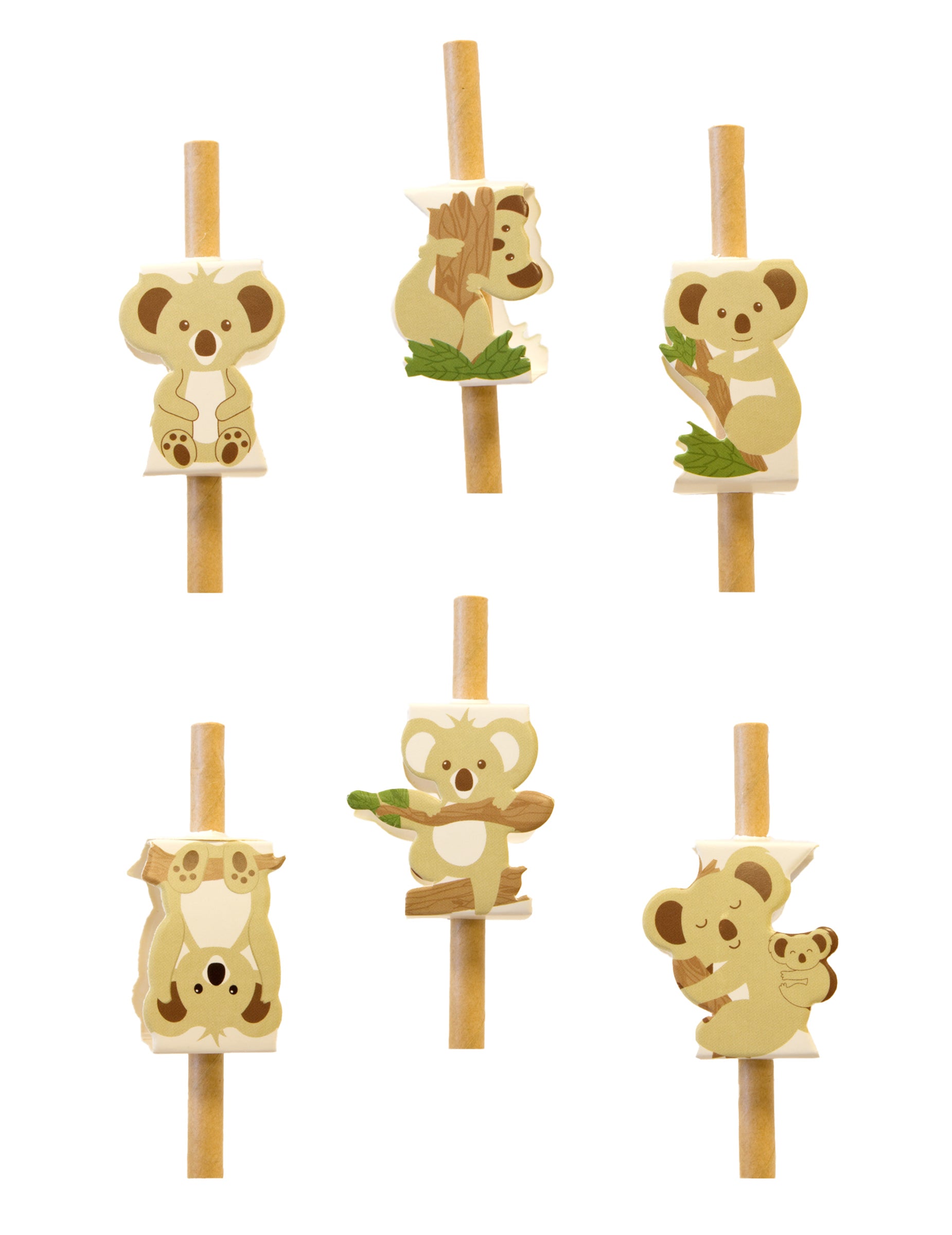Décorations pour pailles koala pour fête en papier beige avec motifs variés