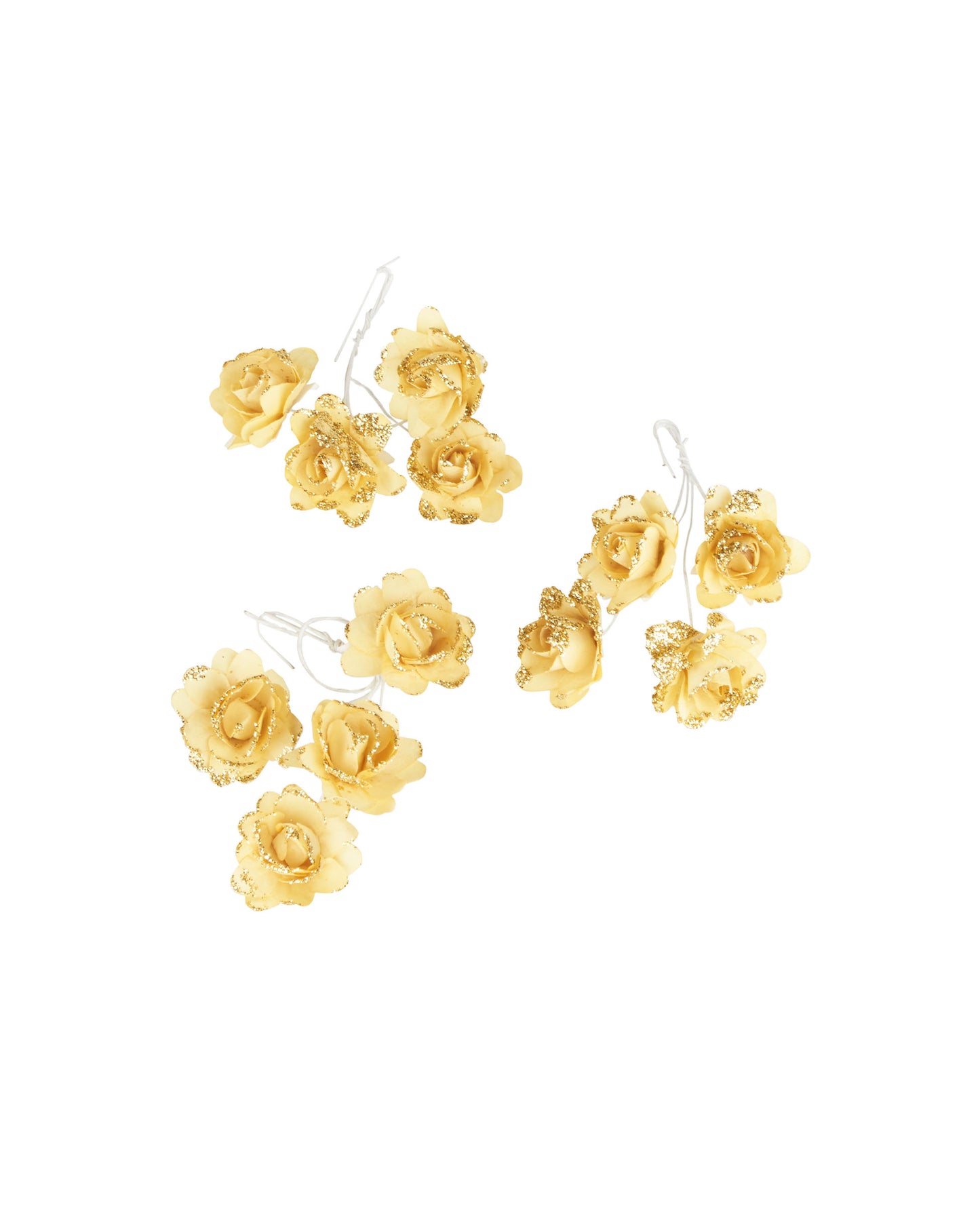 12 zlatých třpytivých papírových květin 9 cm s pružnými tyčemi
