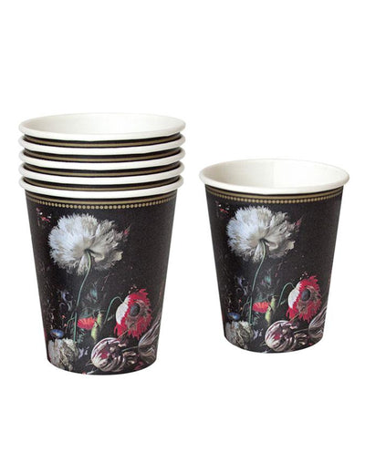 Gobelets en carton porcelaine baroque noirs avec fleurs rouges et blanches