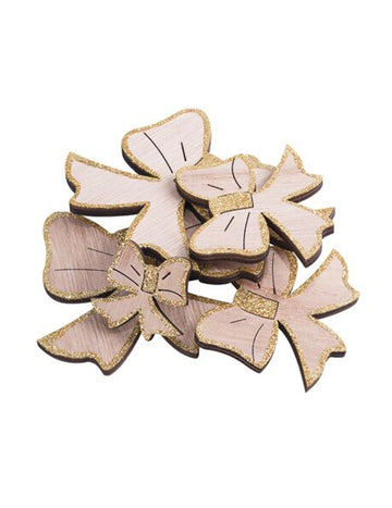 12 zlatých třpytivých dřevěných mašlí 9, 6,5 a 4 cm vánoční dekorace