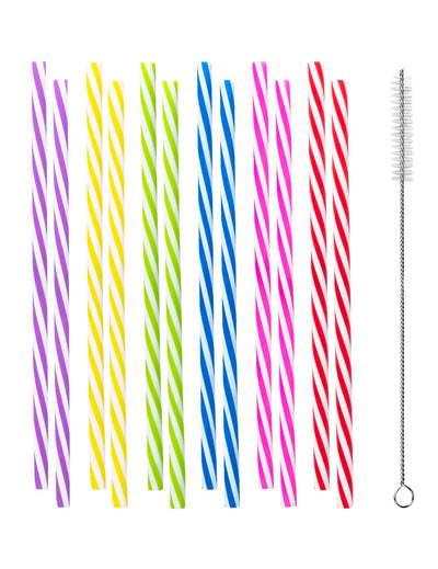 12 pailles en plastique réutilisable rayées pour fête multicolores avec goupillon de nettoyage
