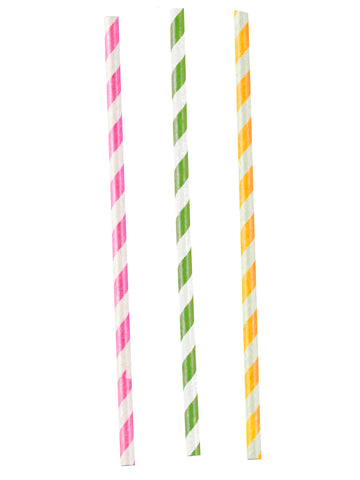 12 růžových, zelených a žlutých pruhovaných papírových brček na párty