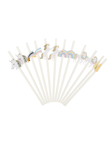 12 pastelových a zlatých brček jednorožce 19.5 cm k narozeninám