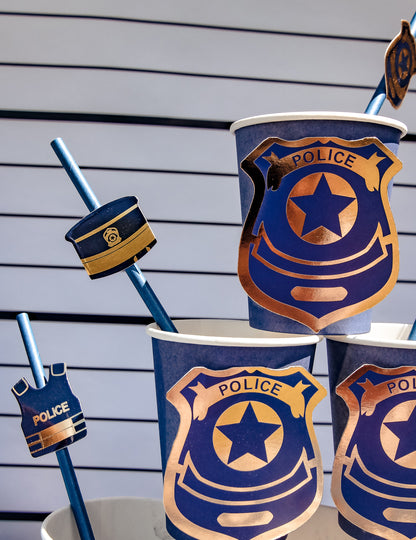 12 Polizeistrohhalme in Marineblau und Gold, 19,5 cm