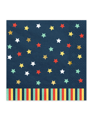 12 barevných hvězdicových papírových ubrousků 33 x 33 cm tmavě modré pozadí