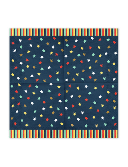 Vue dépliée des serviettes en papier étoiles colorées pour fête bleu marine