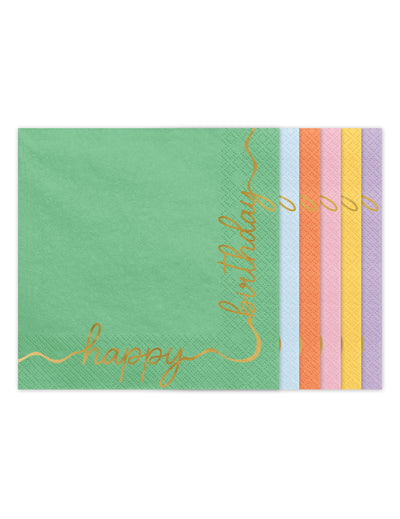 12 papírových ubrousků Happy Birthday v pastelových a zlatých barvách 33 × 33 cm