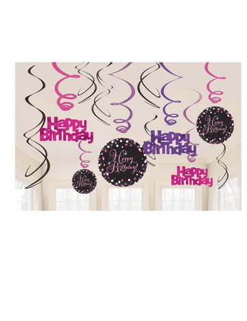 12 kartonových spirálových závěsů šumivé oslava růžové všechno nejlepší k narozeninám