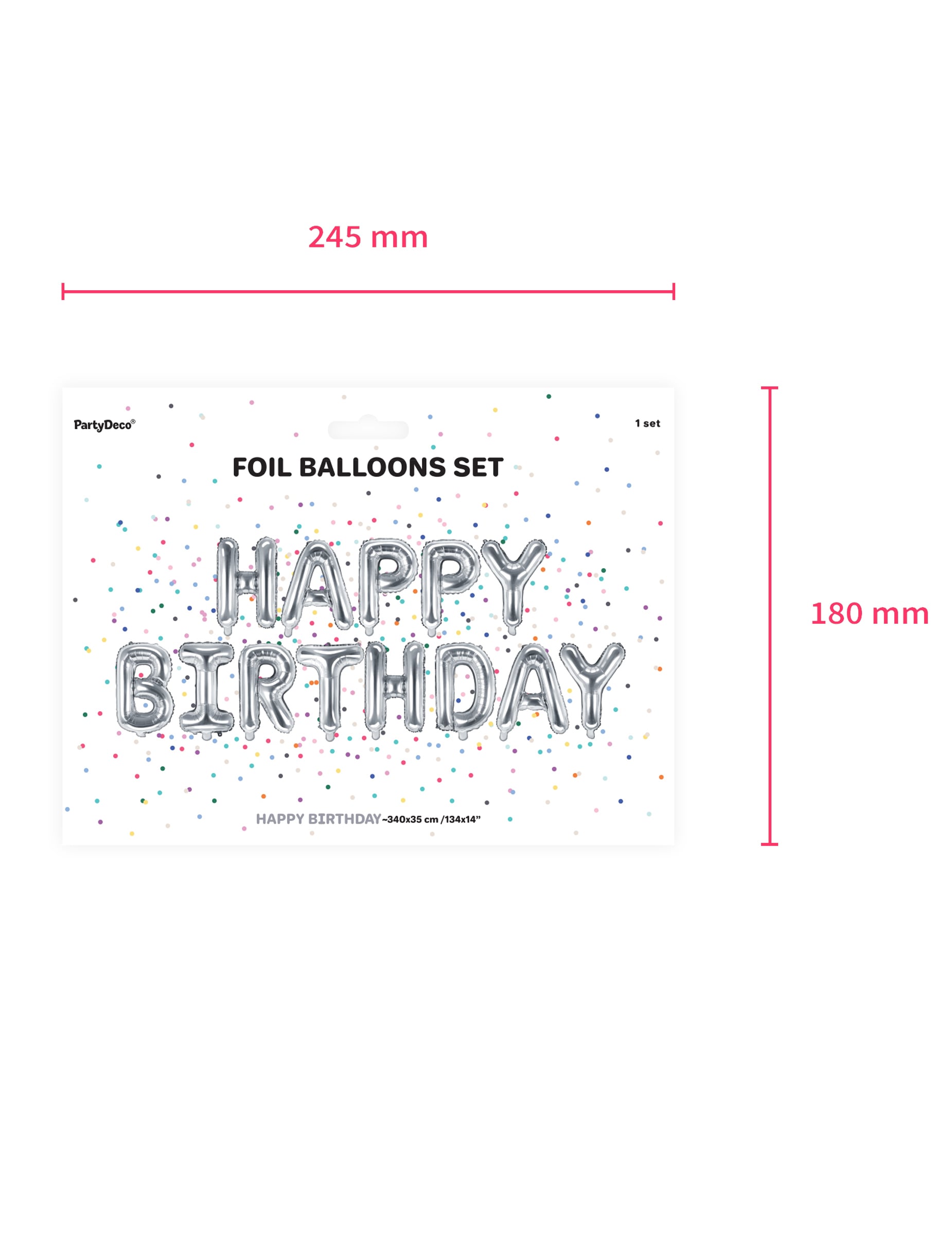 Dimensions du packaging de la guirlande de 13 ballons aluminium lettres Happy Birthday