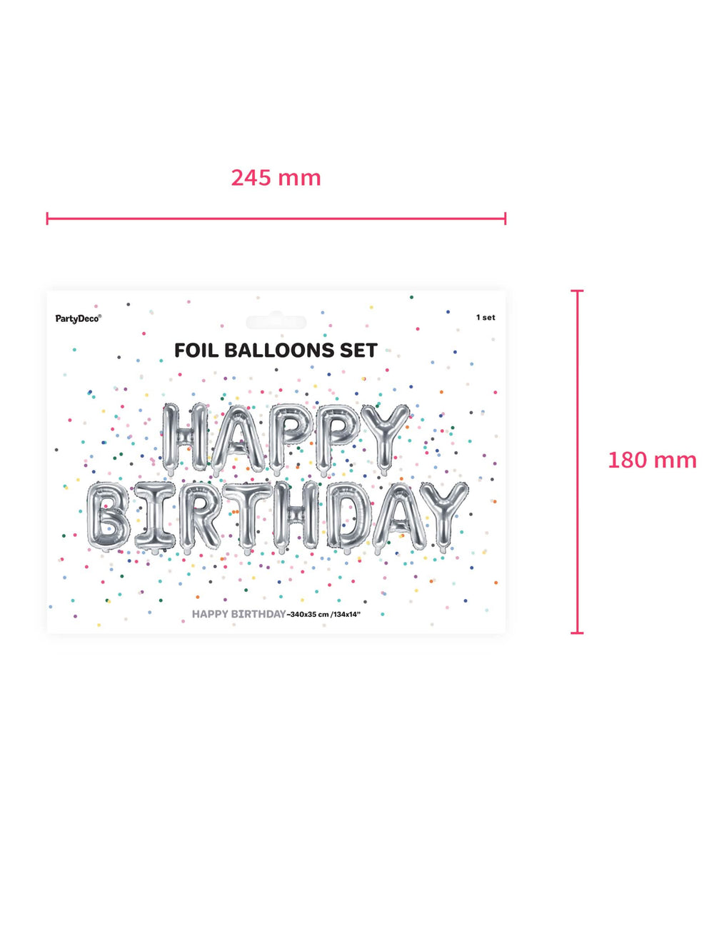 Rozměry balení girlandy z 13 hliníkových balónků písmen Happy Birthday