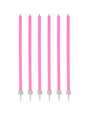 16 bougies fines avec bobèches rose fluo