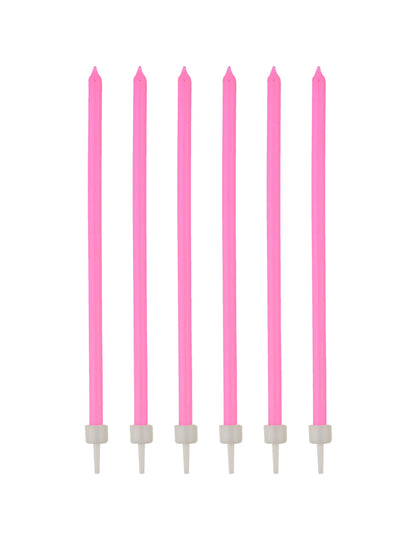 16 bougies fines avec bobèches rose fluo