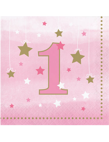 16 růžových papírových ubrousků One Little Star pro 1 rok, 33 x 33 cm