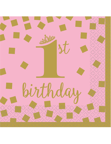16 malých růžových a zlatých papírových ubrousků k prvním narozeninám 25 x 25 cm k prvním narozeninám