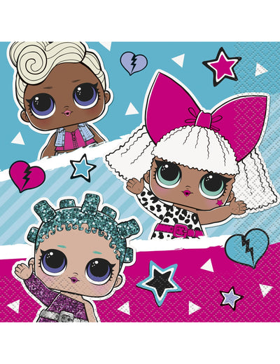 Serviettes en papier LOL Surprise pour enfant bleu et rose avec motifs poupées