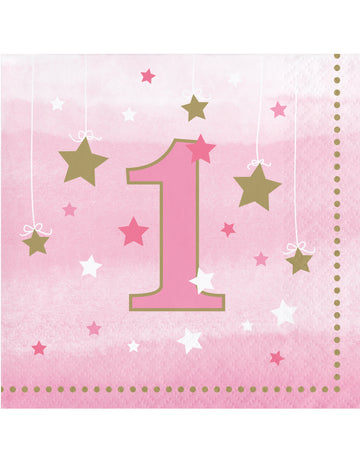 16 malých ubrousků 1 rok jedna malá hvězdička růžová s hvězdičkami
