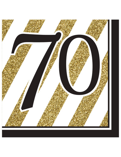 Serviettes en papier 70 ans pour anniversaire noires et dorées à rayures pailletées