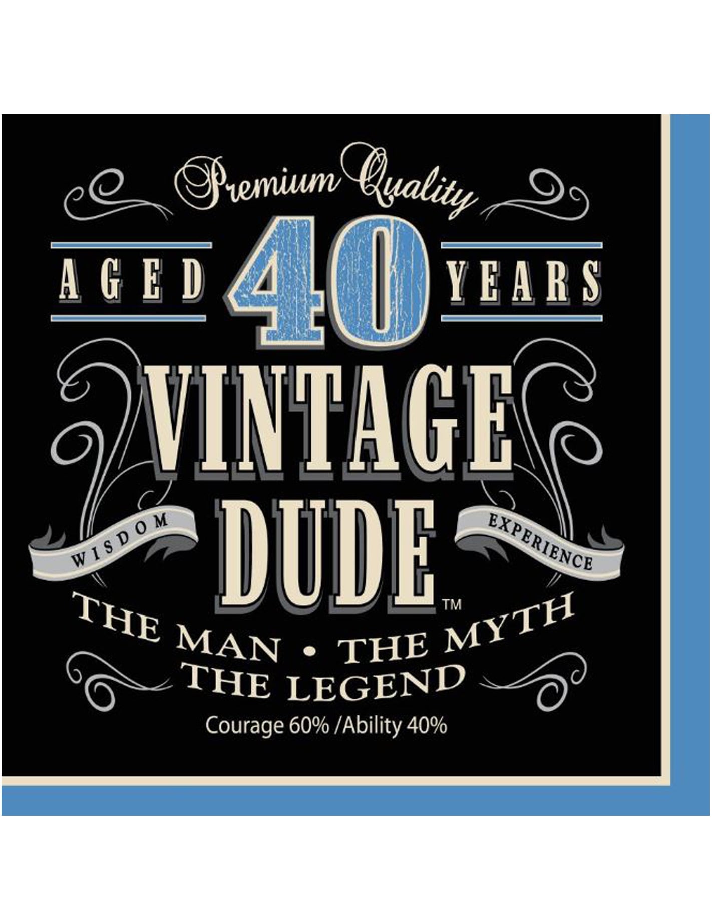 Serviettes en papier Vintage Dude 40 ans pour homme noir et bleu