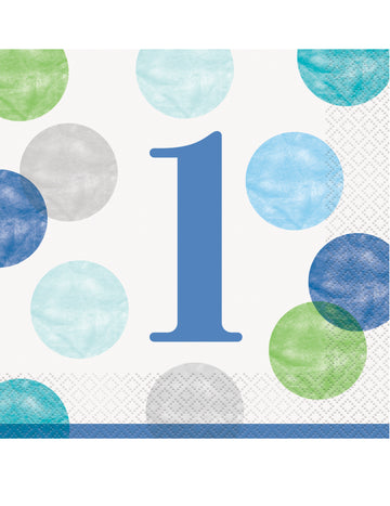 16 modrých a bílých puntíkovaných papírových ubrousků k prvním narozeninám 33 x 33 cm