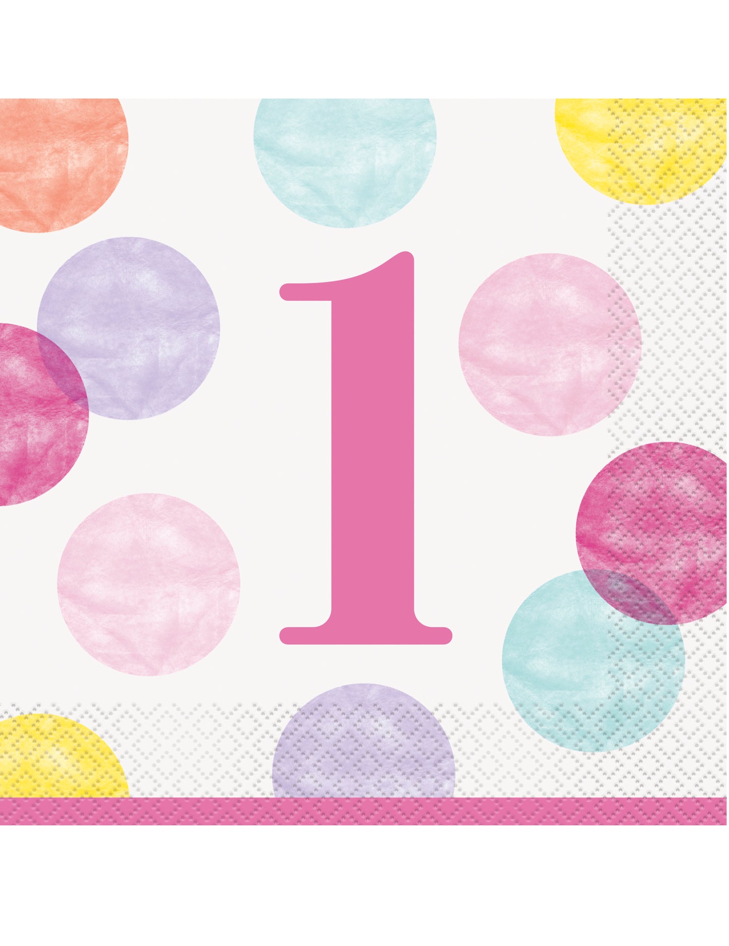 16 růžových a bílých papírových ubrousků k prvním narozeninám s puntíky 33 x 33 cm