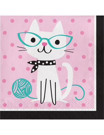 Serviettes en papier chaton mignon pour anniversaire rose avec motif chat blanc à lunettes turquoises