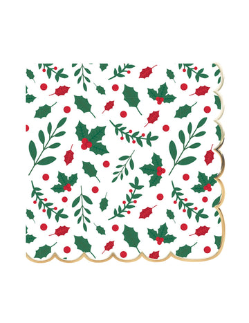 16 vánočních cesmínových vroubkovaných papírových ubrousků 33 x 33 cm zlatý okraj