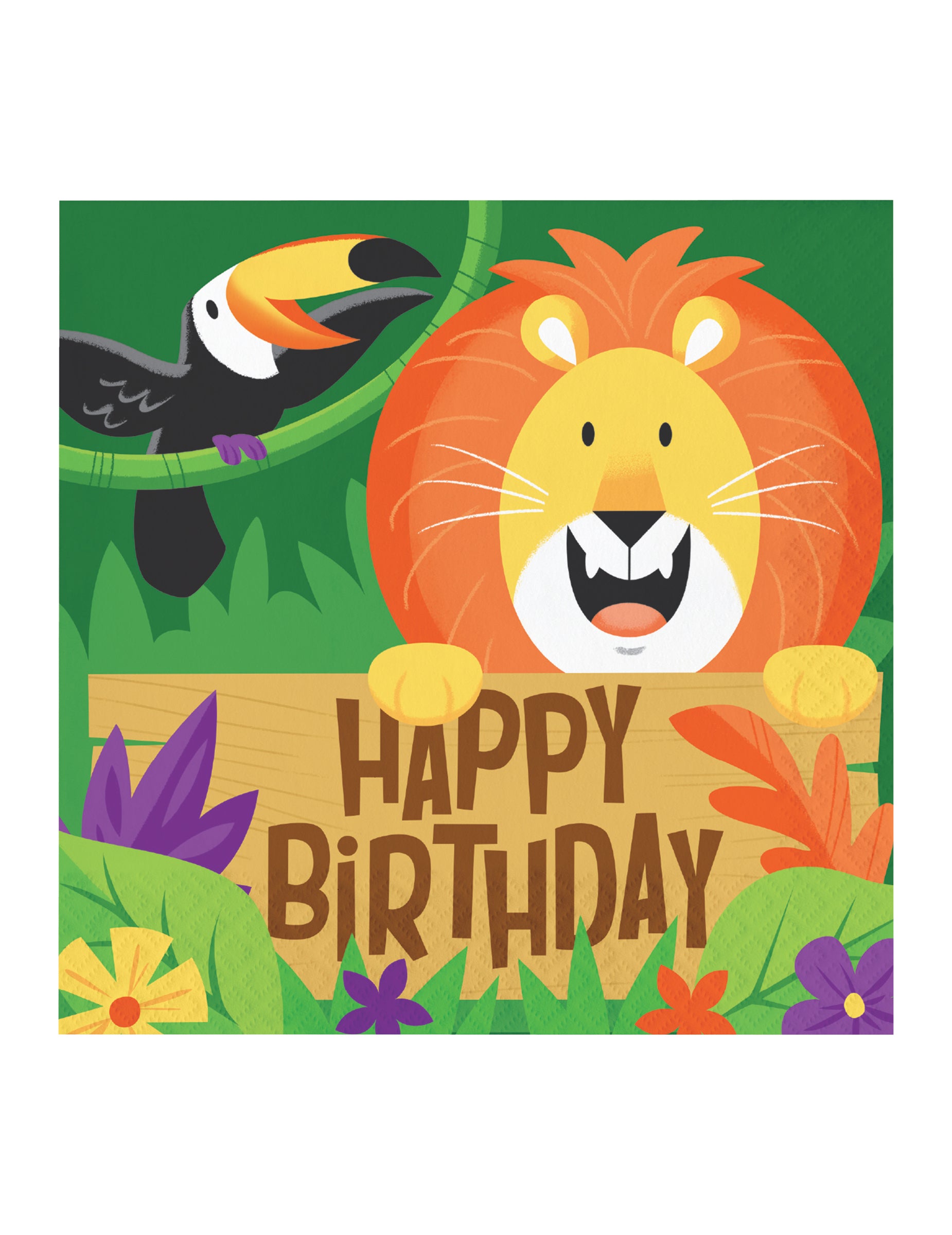Serviettes en papier Happy Birthday Jungle Safari pour anniversaire vert avec lion et toucan