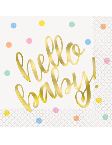 16 papírových ubrousků Hello Baby v bílém a zlatém provedení 33 x 33 cm