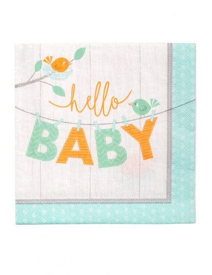 Serviettes en papier hello baby oiseaux pour baby shower bleu