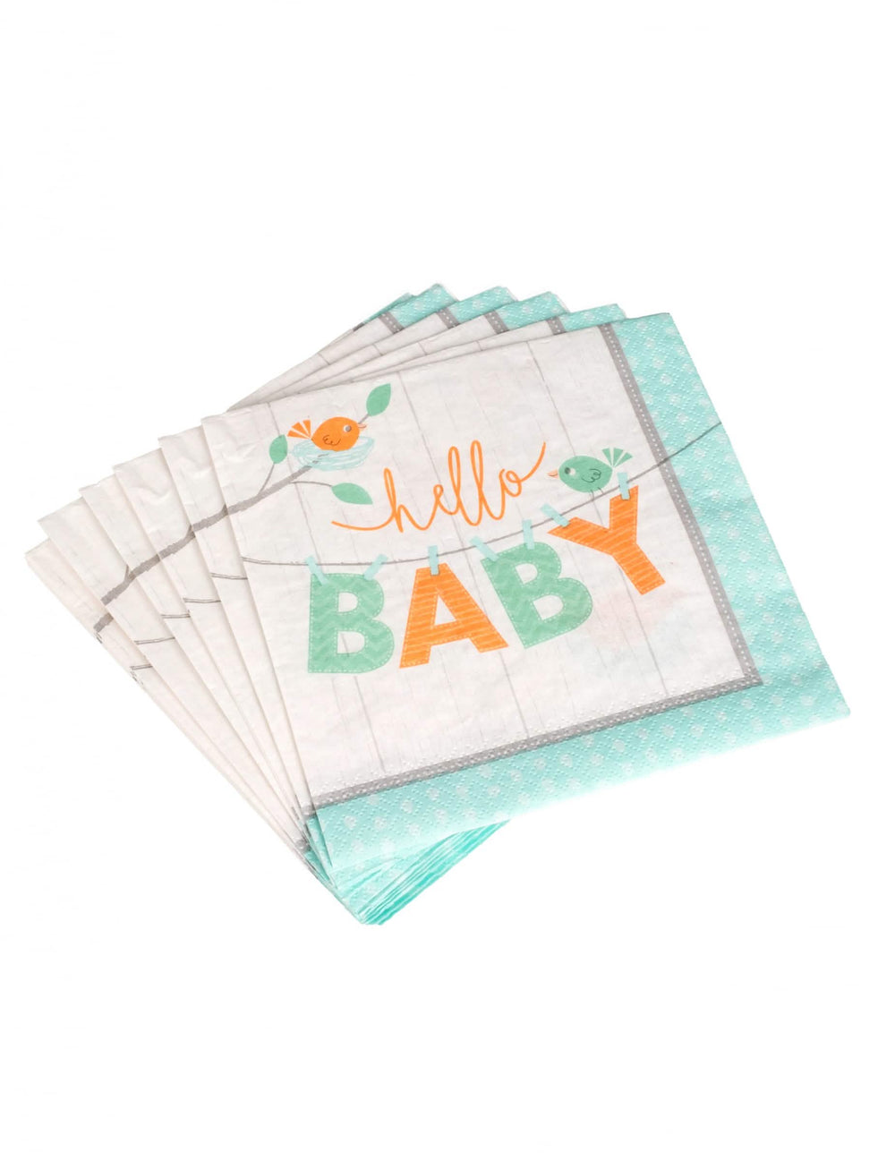 Pohled na několik papírových ubrousků hello baby ptáčci pro baby shower